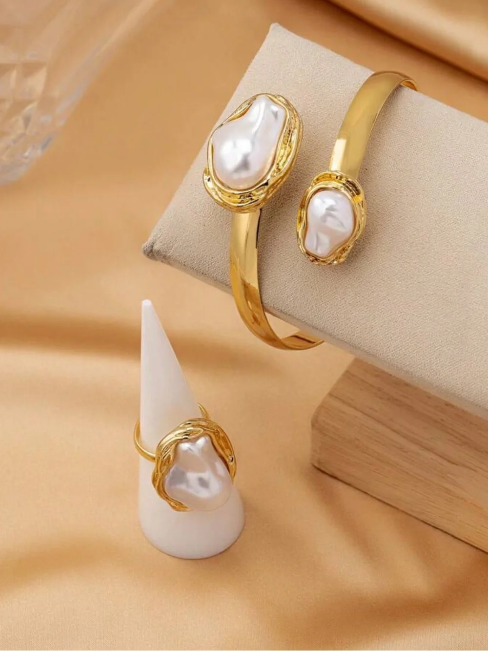 Elegant Gold Pearl Accent Cuff and Ring Set